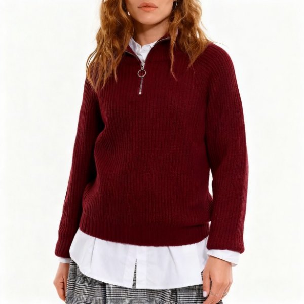 Burgundy Ribbed Quarter-Zip Sweater