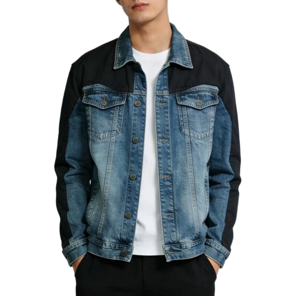 Black-Blue Patchwork Washed Denim Jacket - Trendy Men's Casual Outerwear