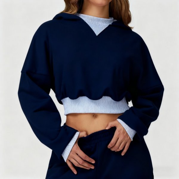 Navy Striped-Accent Cropped Hoodie Two-Piece Set