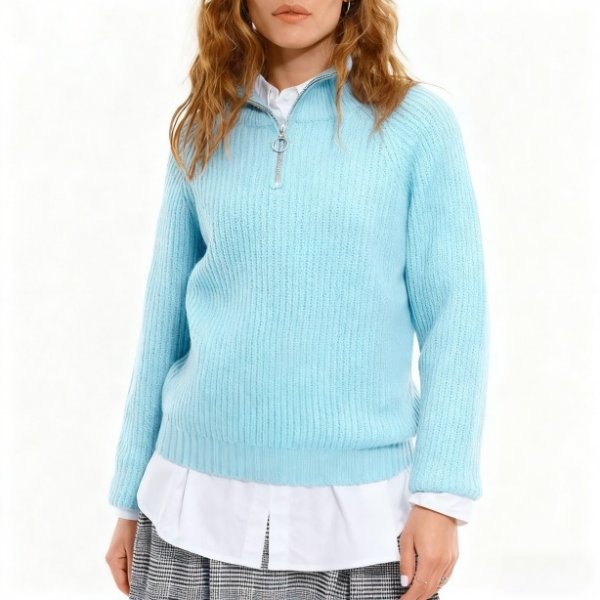 Light Blue Ribbed Quarter-Zip Sweater