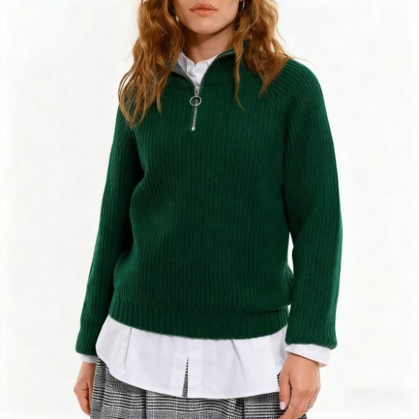 Dark Green Ribbed Quarter-Zip Sweater