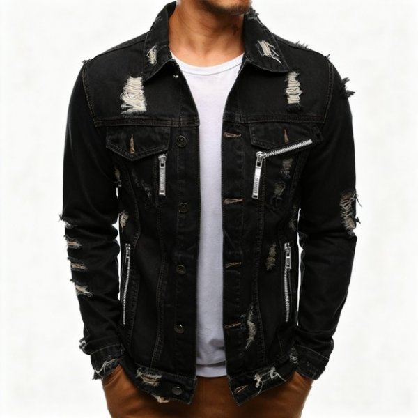 Black Distressed Zip-Accent Denim Jacket