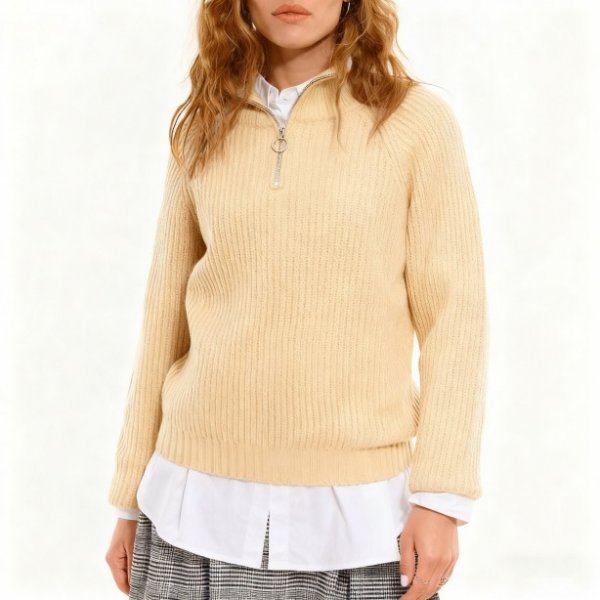 Beige Ribbed Quarter-Zip Sweater