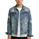 Distressed Fringed Washed Denim Jacket - Street Fashion Outerwear