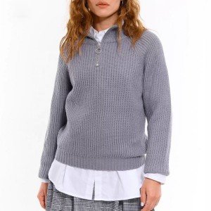 Light Gray Ribbed Quarter-Zip Sweater